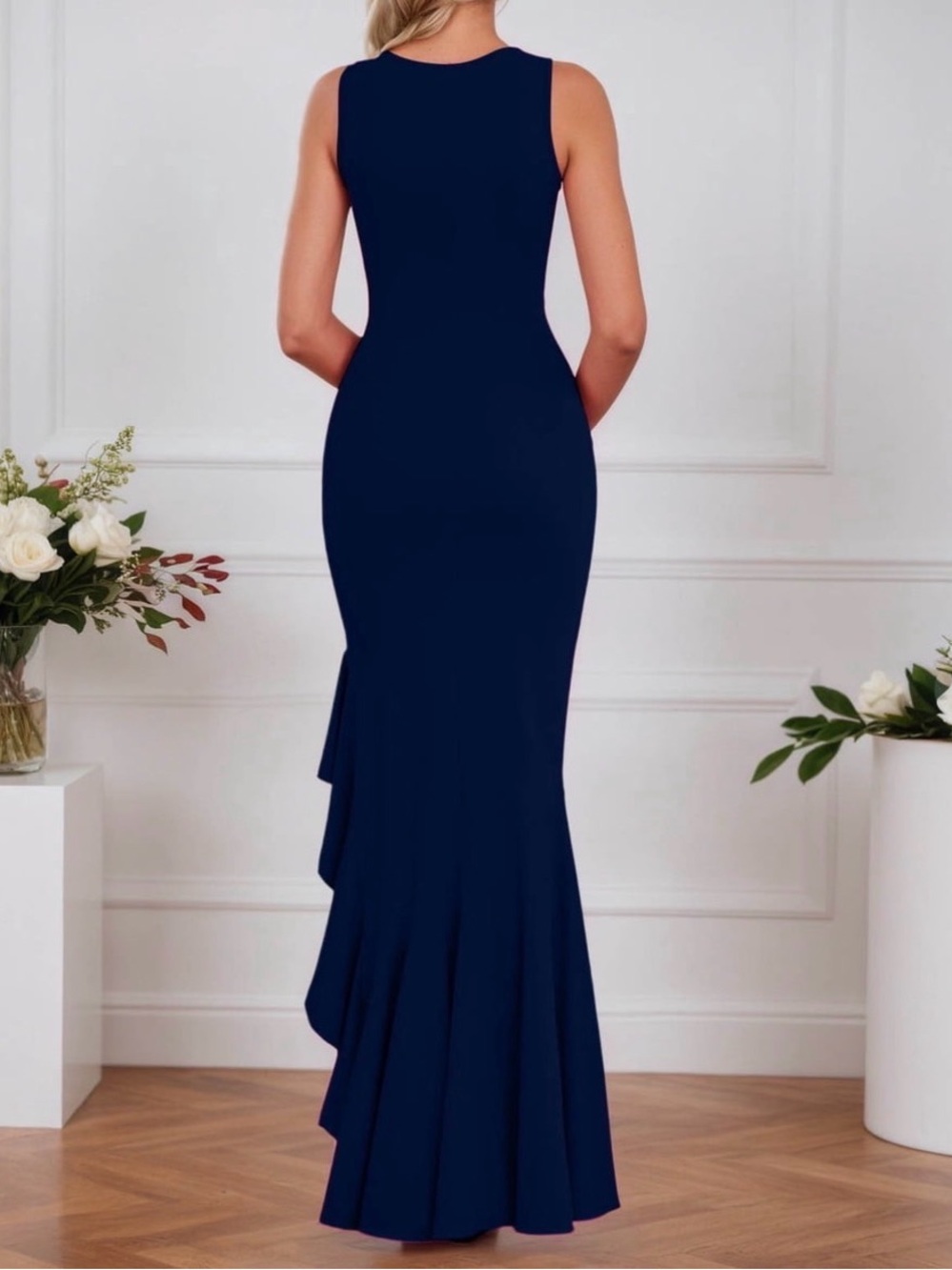 Navy Sleeveless High-Low Ruffle Dress - Picture 2 of 9